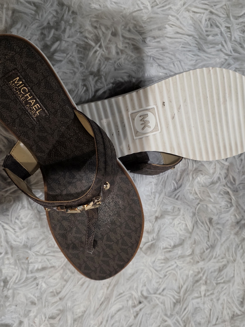 MICHAEL Michael Kors Brown Logo Thong Sandals with Gold Accent